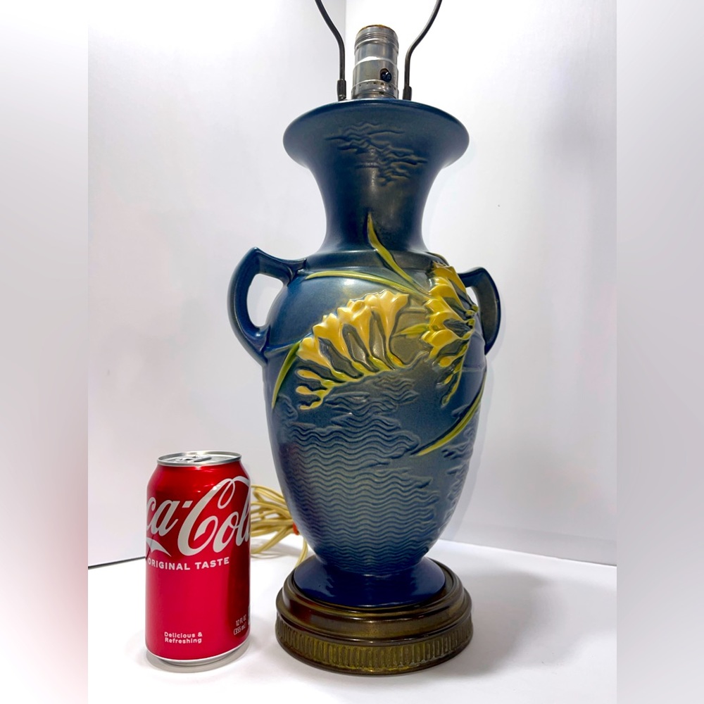 Roseville 1940 Blue Freesia Art Pottery Functional Vase-Lamp Rare Vintage MCM
